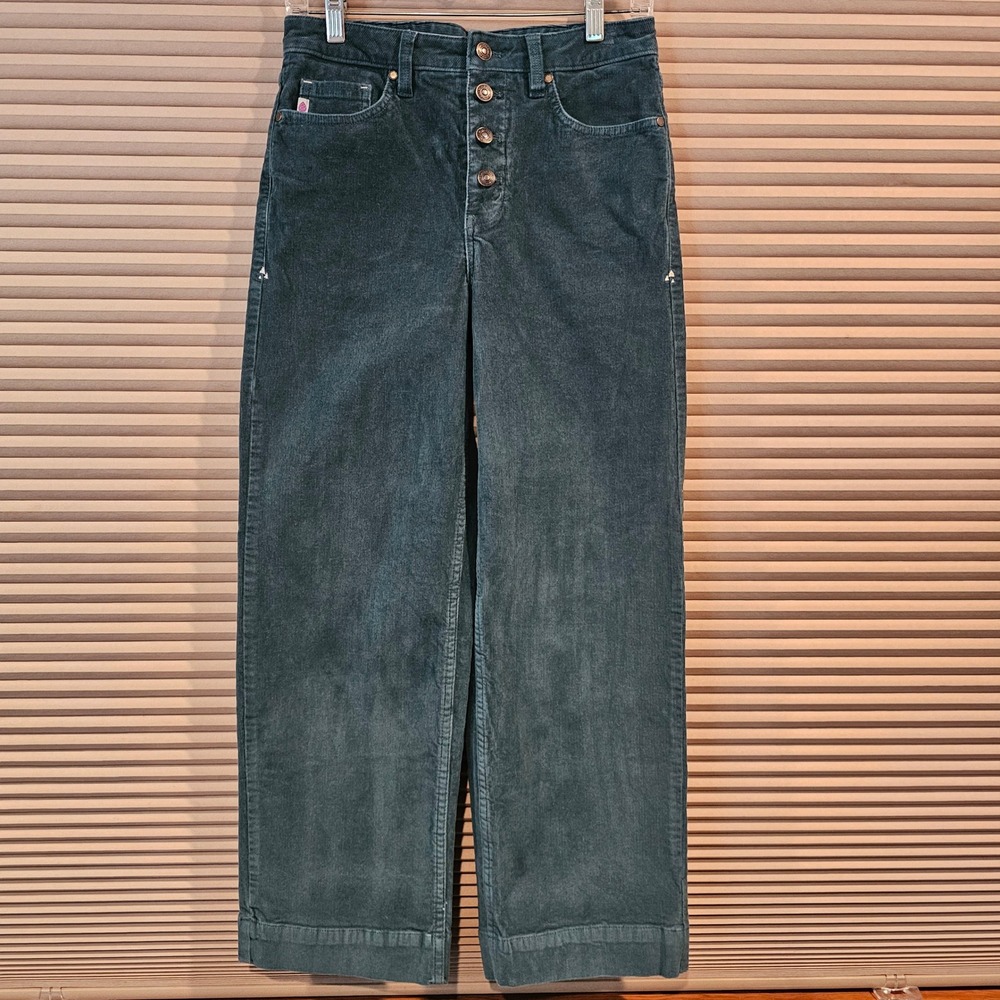 Stio Womens 6 Rivete Corduroy Wide Leg Pants Teal Green High Rise Button Fly